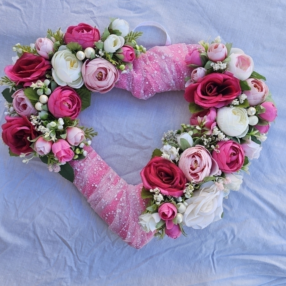 Handmade Heart-shaped floral wreath shades of pink and white